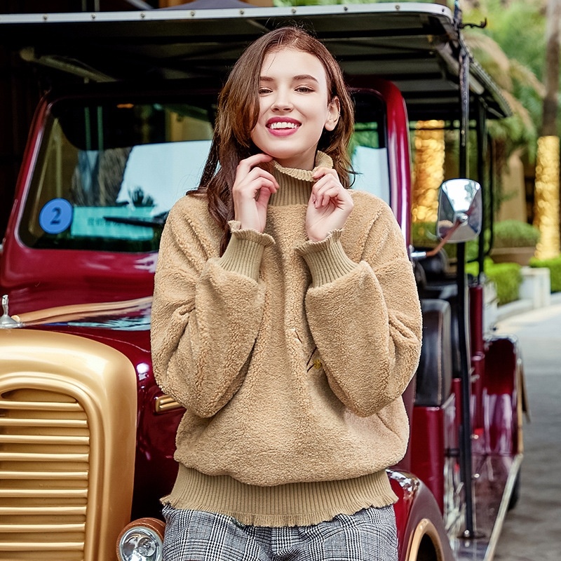 Ticket to Cozy High Neck Retro Embossed Lady Plush Sweater | VoguesUs