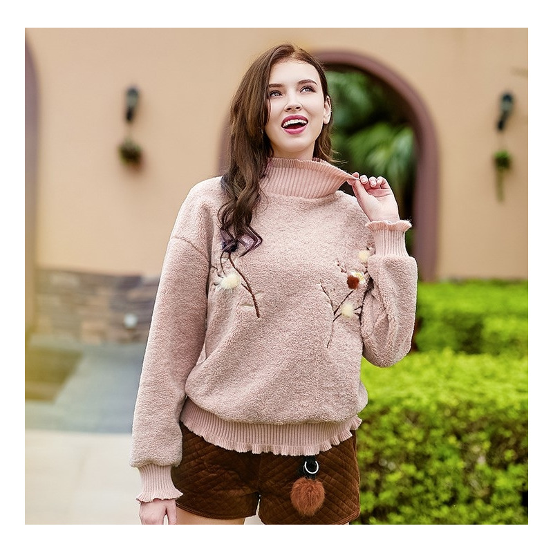 Ticket to Cozy High Neck Retro Embossed Lady Plush Sweater | VoguesUs