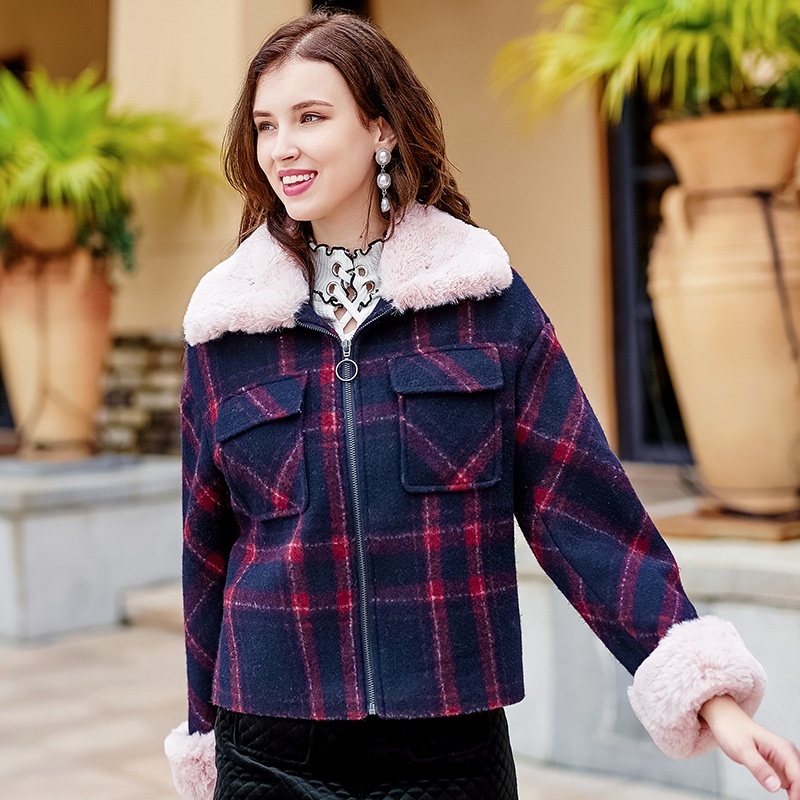 Paris Nights Stitching Faux Fur Collar Velvet Woolen Plaid Jacket |