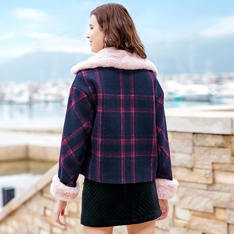 Paris Nights Stitching Faux Fur Collar Velvet Woolen Plaid Jacket |