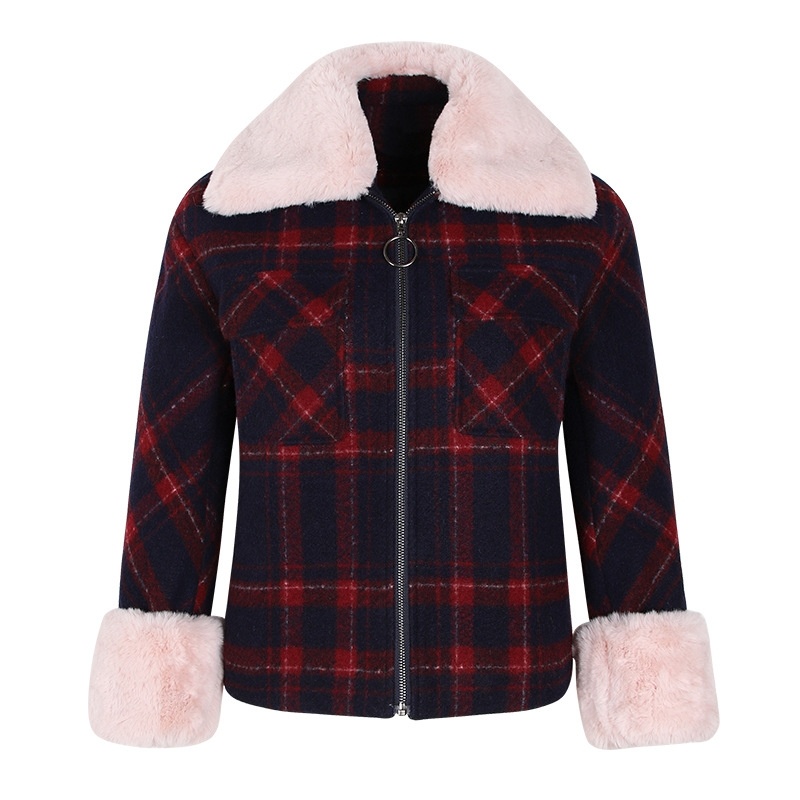 Paris Nights Stitching Faux Fur Collar Velvet Woolen Plaid Jacket |
