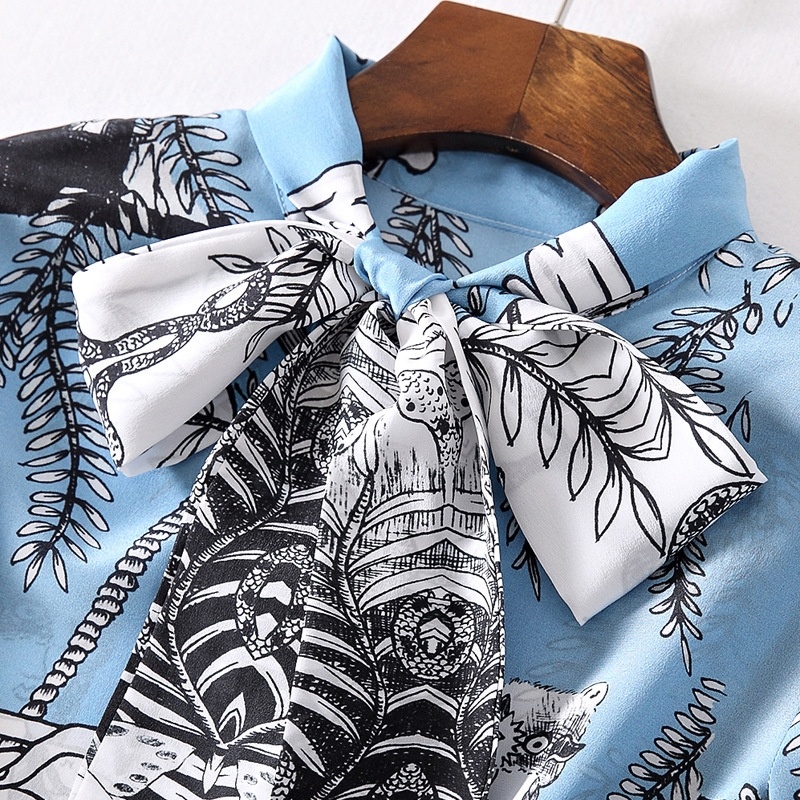 Elegant Floral Print Long Sleeve Silk T-Shirt Mit Band-Detail