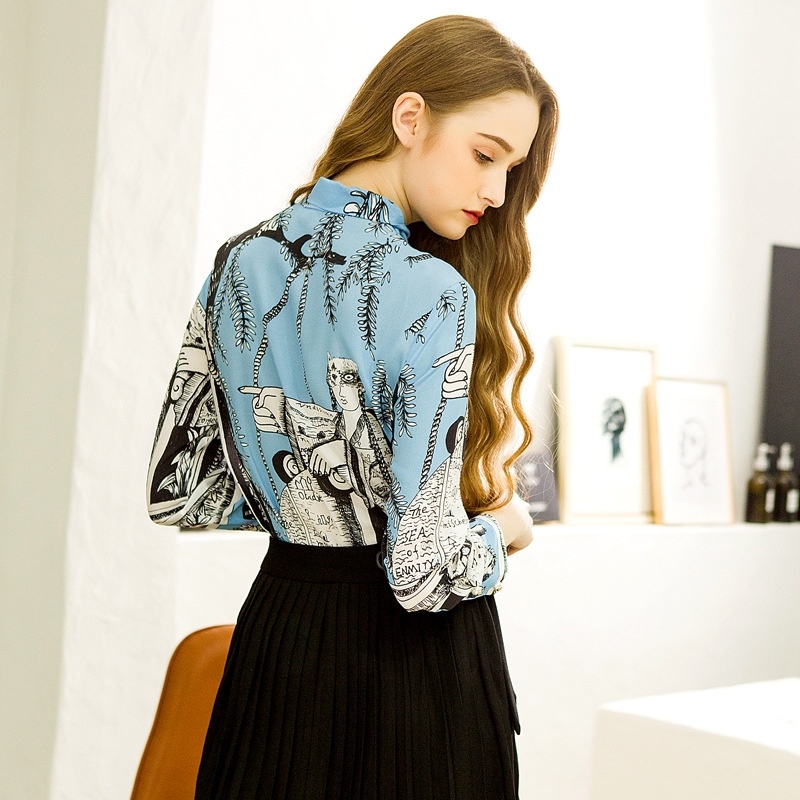 High-End Boutique Printing Long-Sleeved Silk Shirt