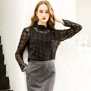 Fashion Texturierte Langarm-High Neck Silk Shirt