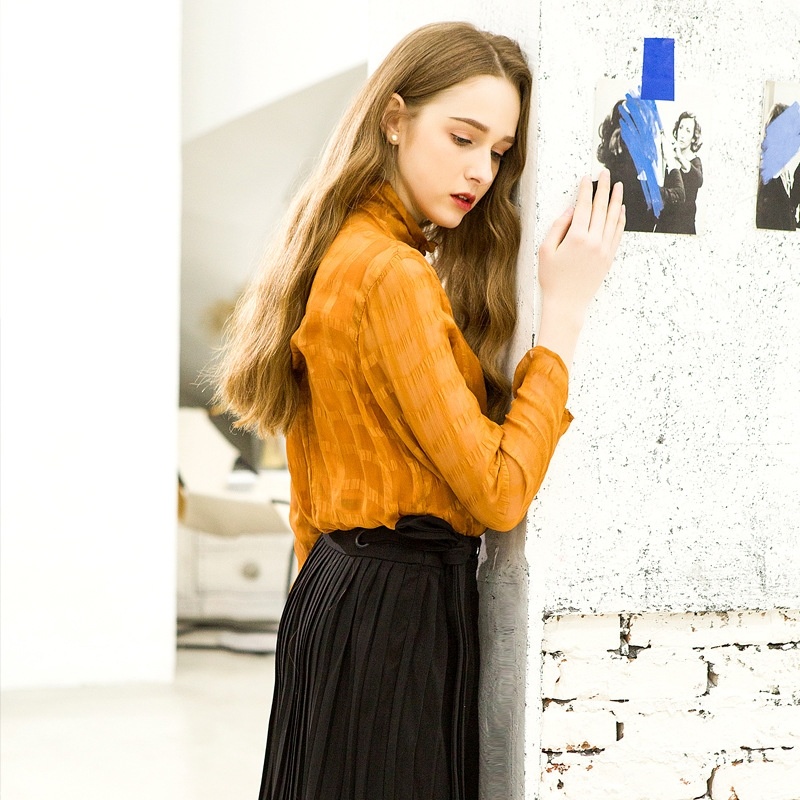 Fashion Textured Long Sleeve High Neck Silk Shirt