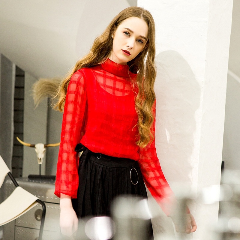 Fashion Texturierte Langarm-High Neck Silk Shirt