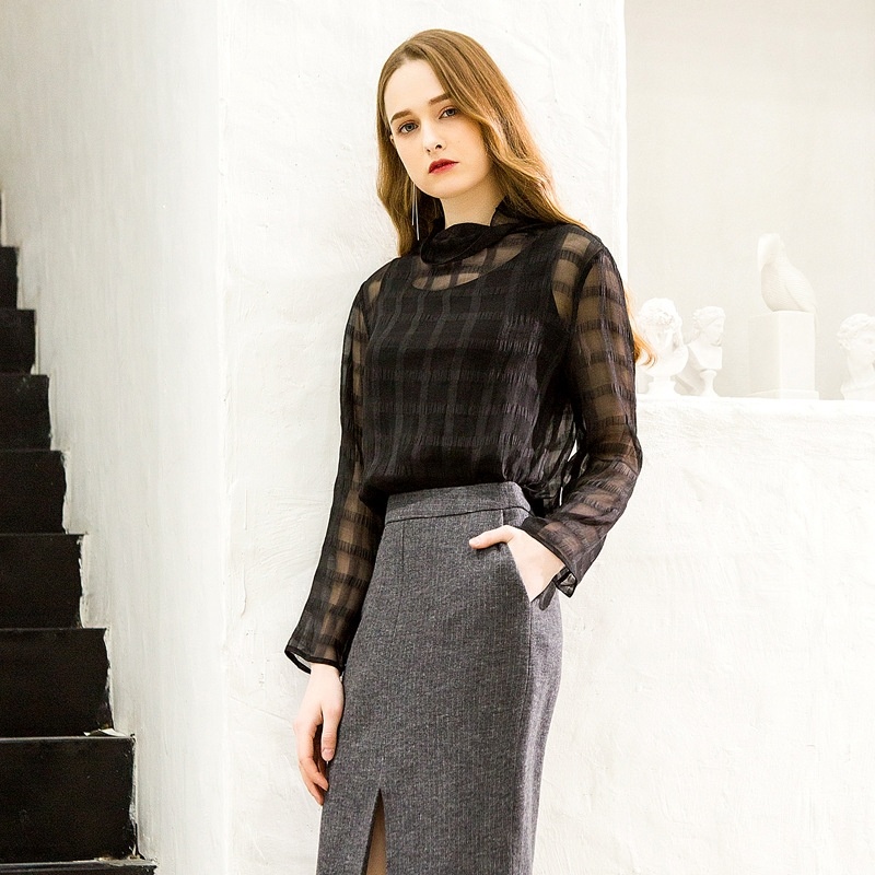 Fashion Texturierte Langarm-High Neck Silk Shirt