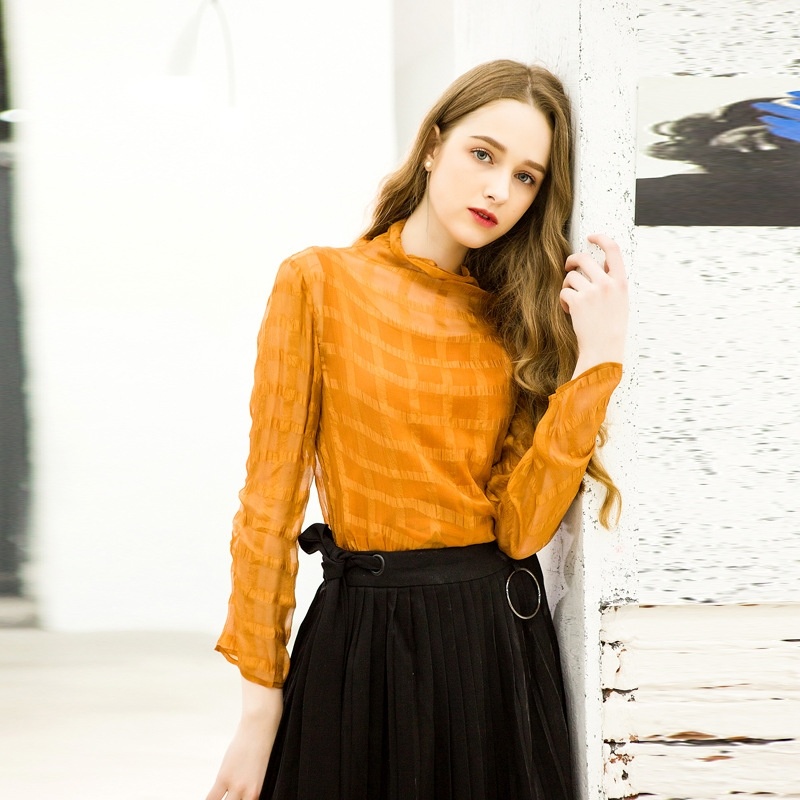 Fashion Textured Long Sleeve High Neck Silk Shirt