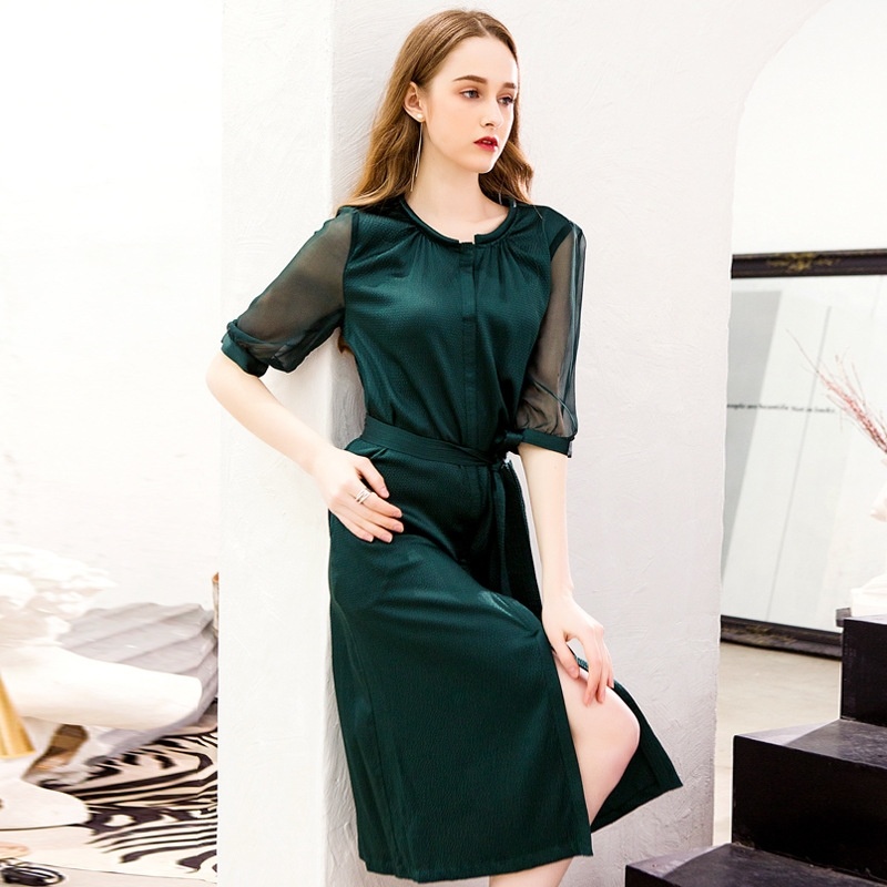Lace Silk Self-Cultivation Silk Round Neck Sleeve Dress