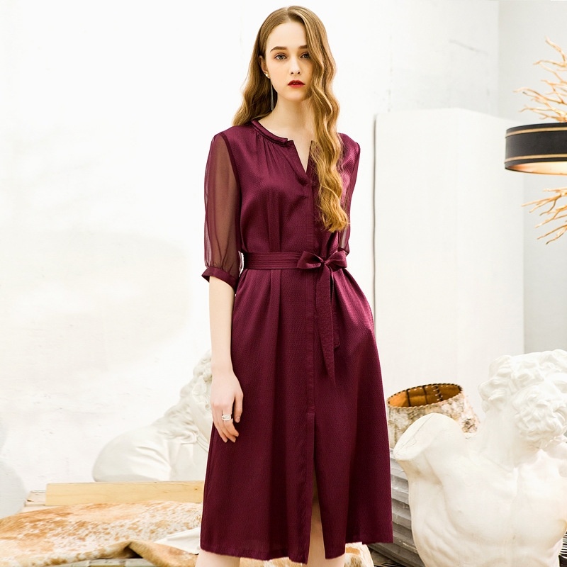 Lace Silk Self-Cultivation Silk Round Neck Sleeve Dress