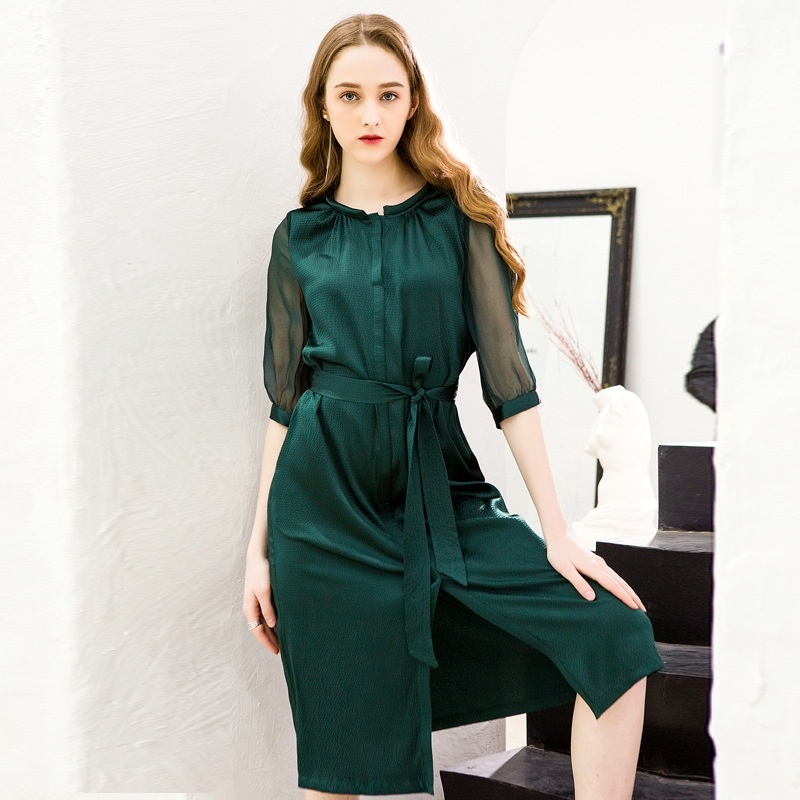 Lace Silk Self-Cultivation Silk Round Neck Sleeve Dress