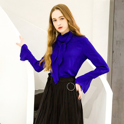 European And American Scarves Collar Long-Sleeved Silk Shirt