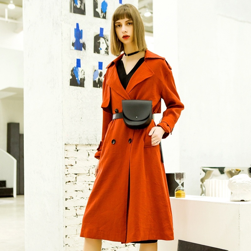Double Breasted Belt Long Sleeve Large Lapel Trench Coat
