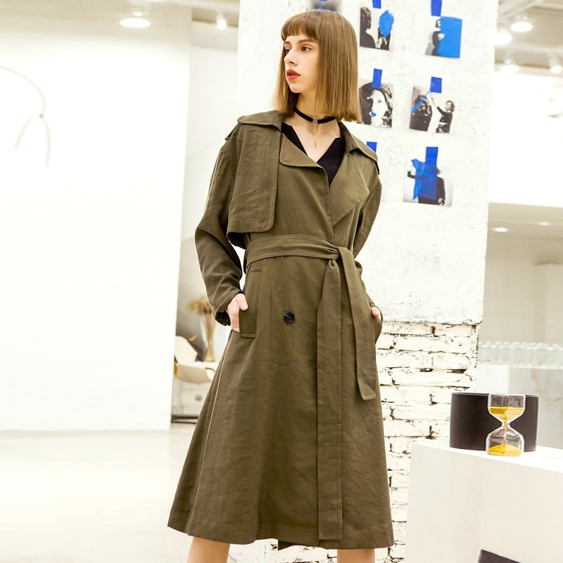 Double Breasted Belt Long Sleeve Large Lapel Trench Coat