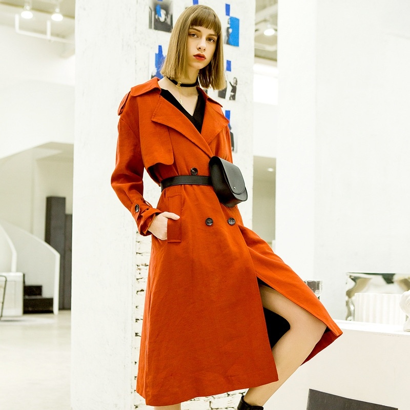Double Breasted Belt Long Sleeve Large Lapel Trench Coat