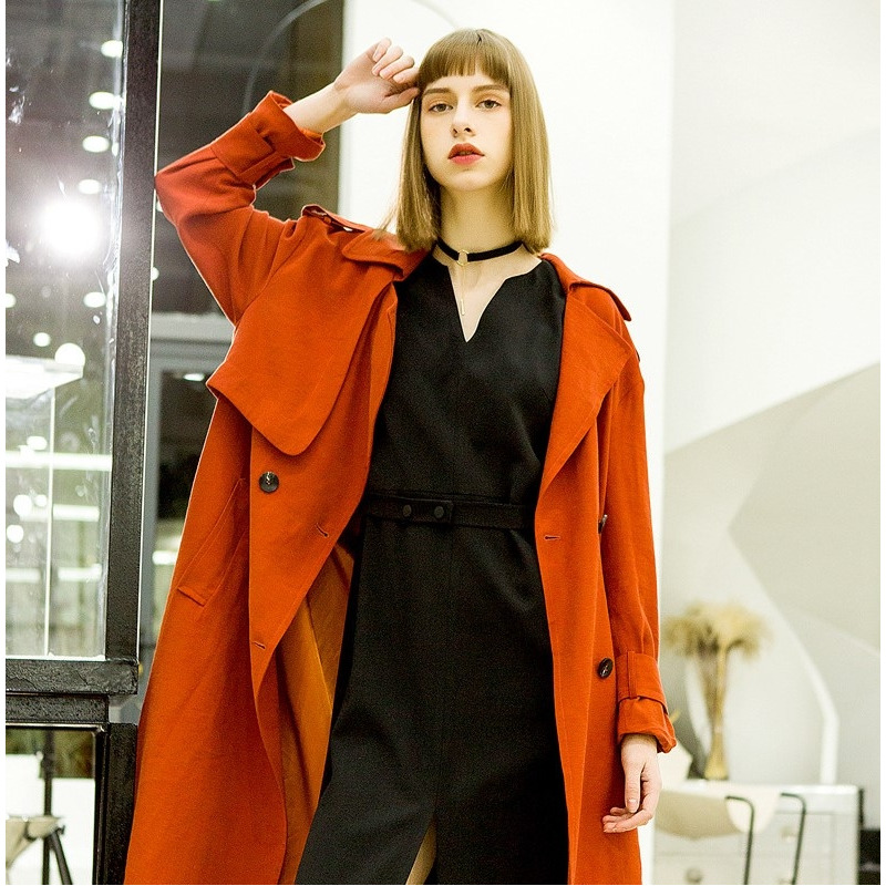 Double Breasted Belt Long Sleeve Large Lapel Trench Coat