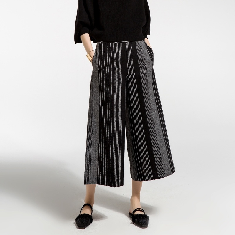 Casual Stripes Nine Straight Waist Wide Leg Pants