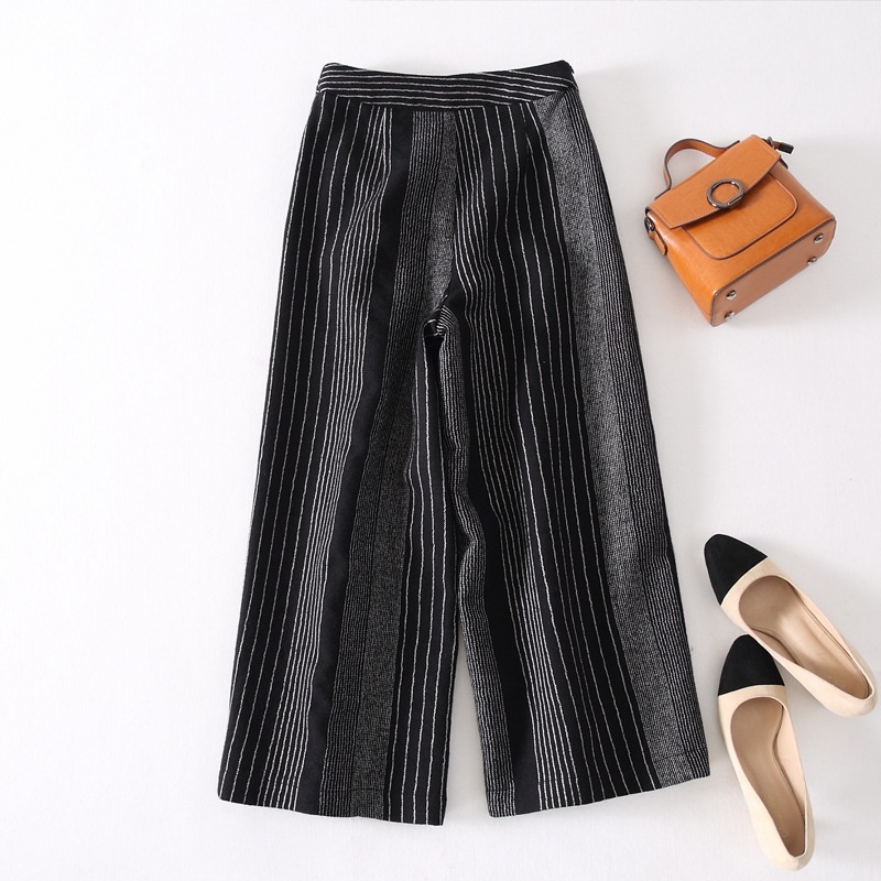Casual Stripes Nine Straight Waist Wide Leg Pants