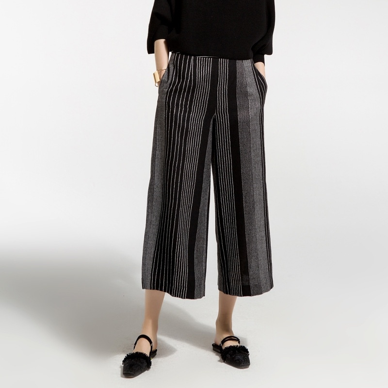 Casual Stripes Nine Straight Waist Wide Leg Pants
