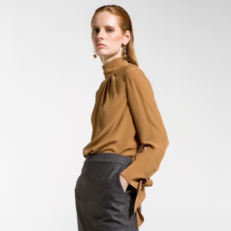 Lace-Up Long-Sleeved Silk Half-Necked Shirt