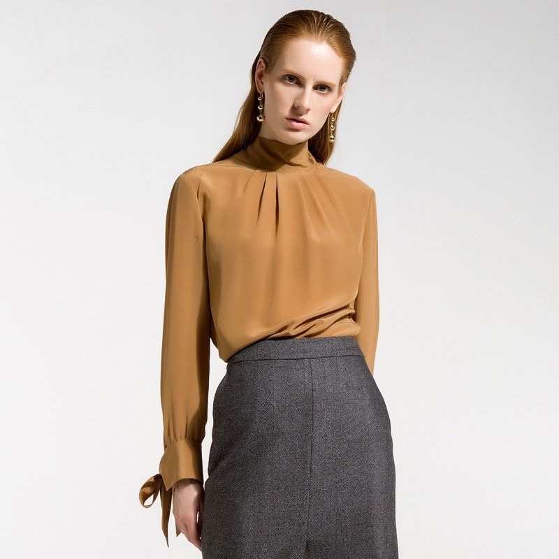 Lace-Up Long-Sleeved Silk Half-Necked Shirt