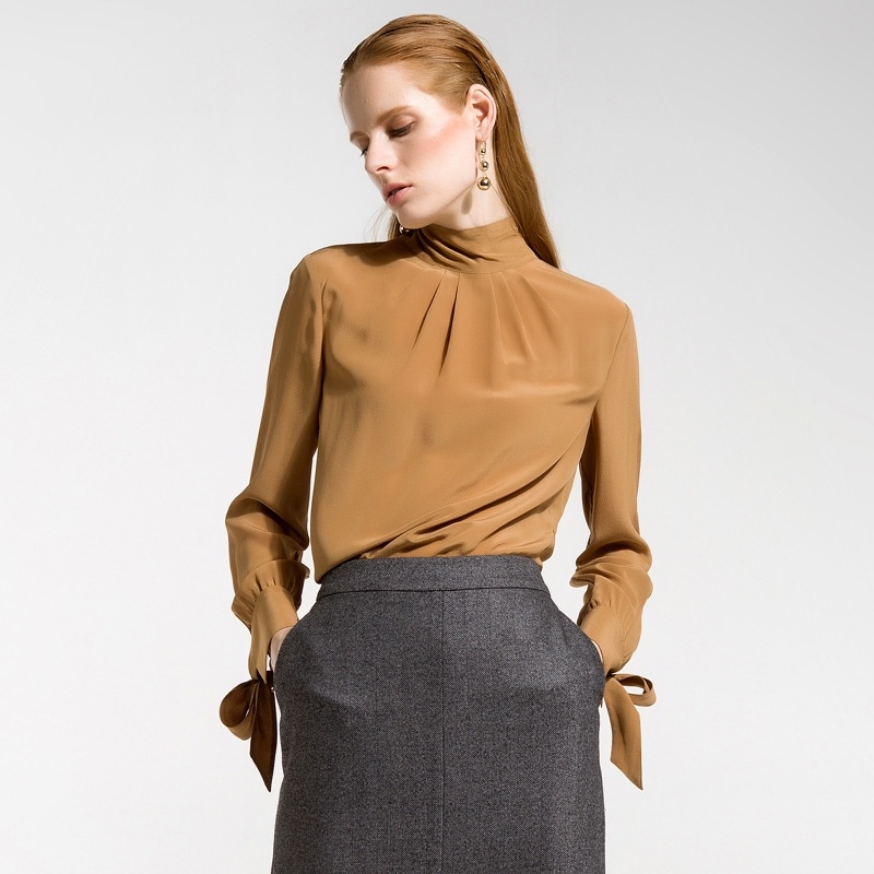 Lace-Up Long-Sleeved Silk Half-Necked Shirt