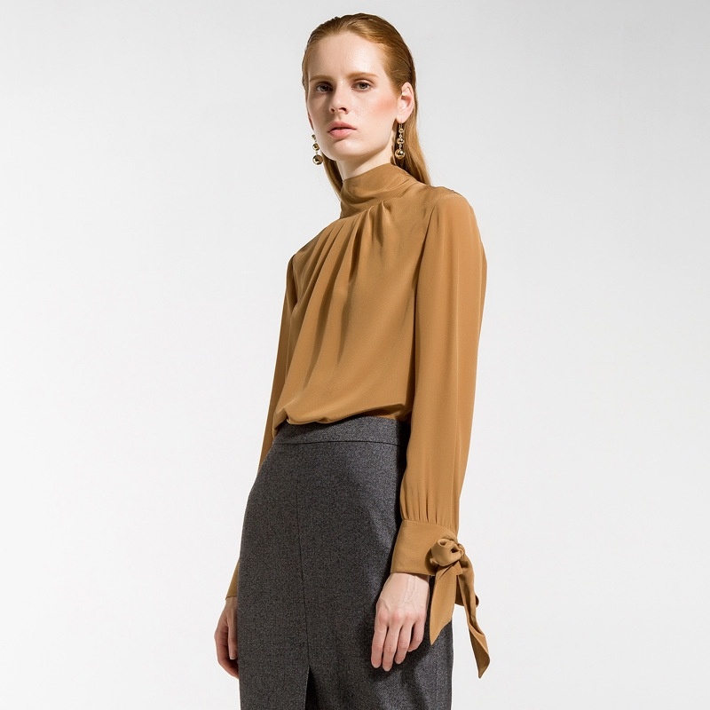 Lace-Up Long-Sleeved Silk Half-Necked Shirt
