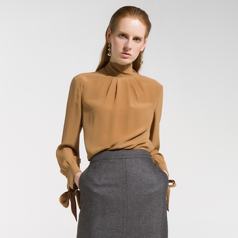 Lace-Up Long-Sleeved Silk Half-Necked Shirt