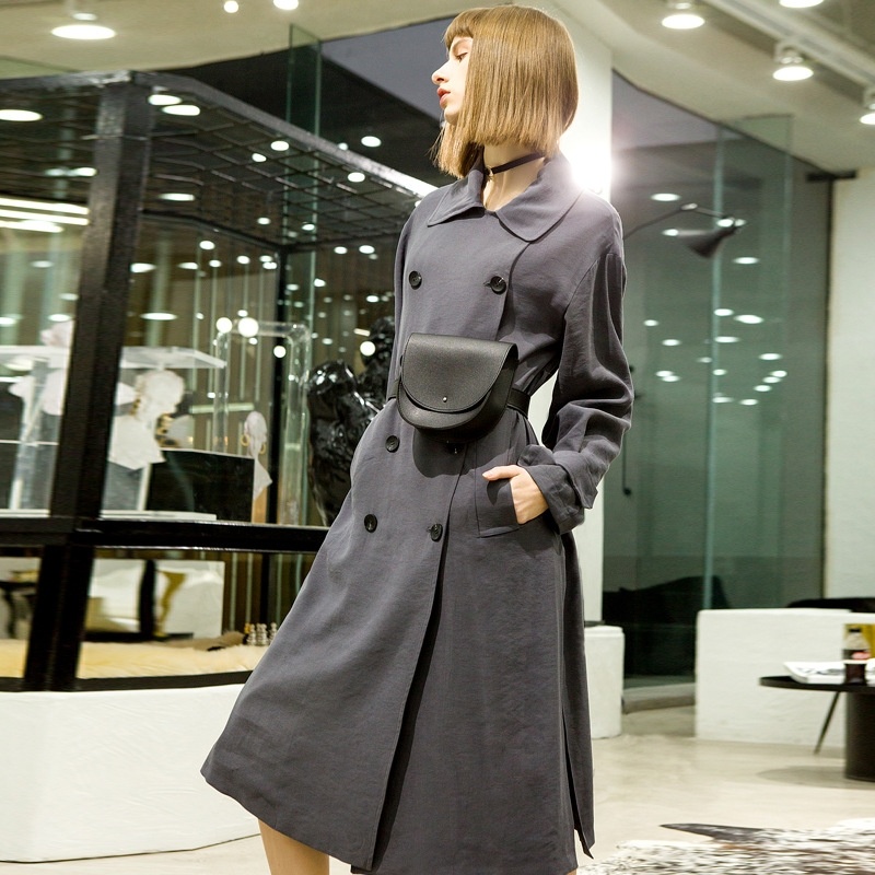 Großes Revers Gürtel Zweireiher Langarm-Trenchcoat-Mantel