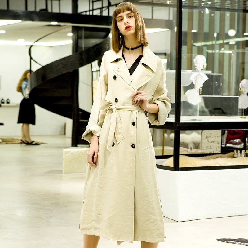 Großes Revers Gürtel Zweireiher Langarm-Trenchcoat-Mantel
