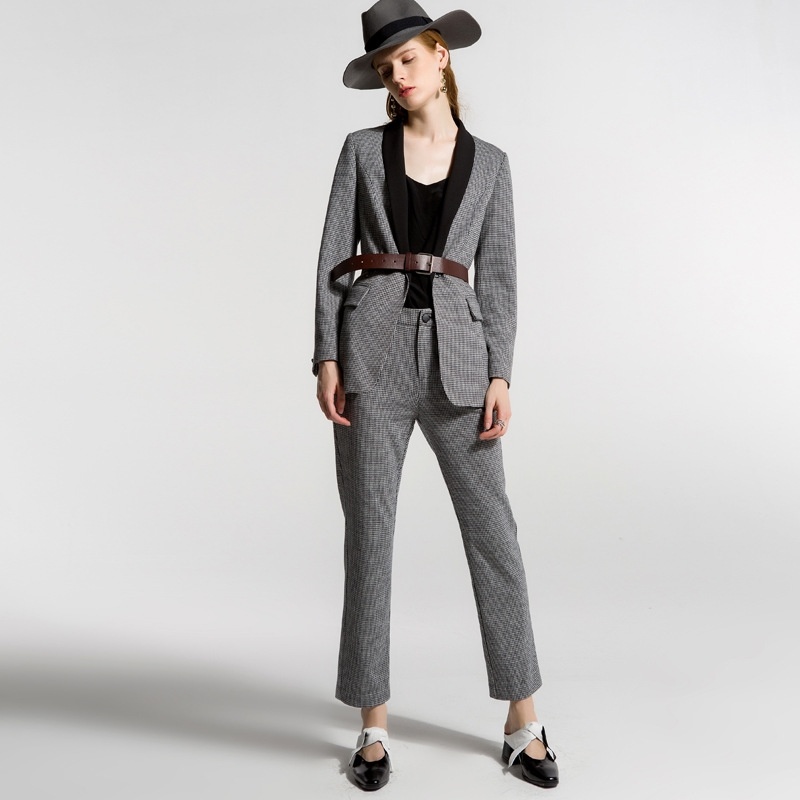 Black And White Grid Small Suit Straight Straight Trousers Suit