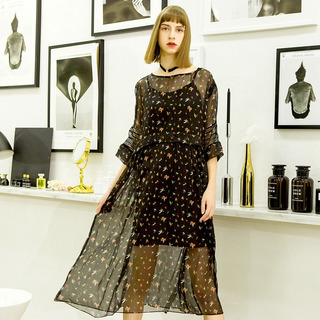 Hem Sleeved Round Neck Loose Silk Printed Dress