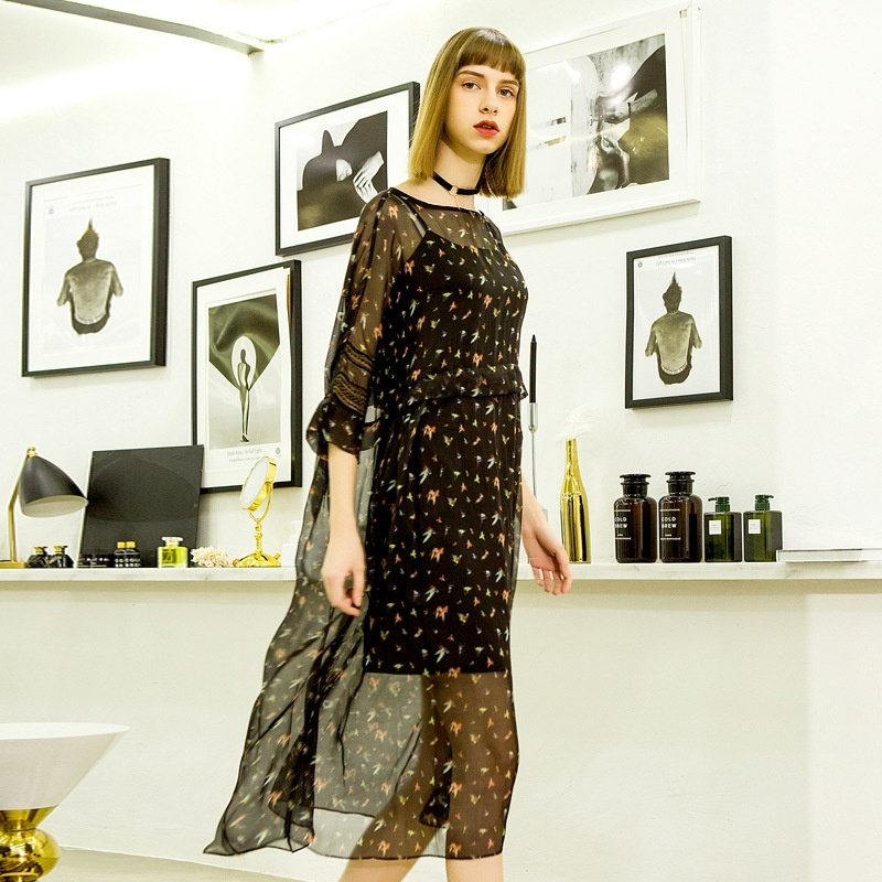 Hem Sleeved Round Neck Loose Silk Printed Dress