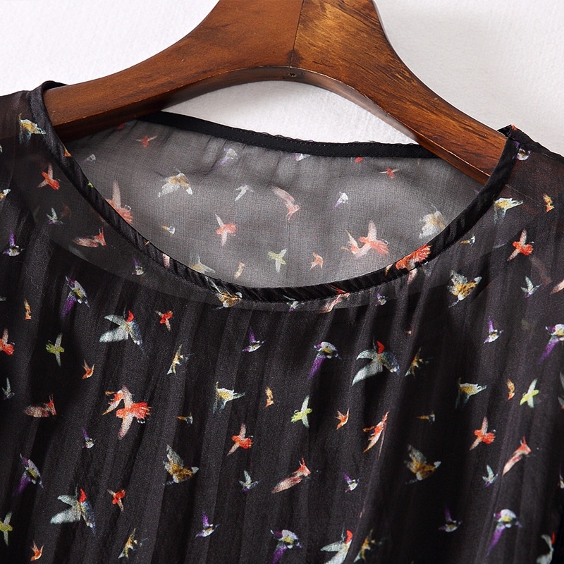 Hem Sleeved Round Neck Loose Silk Printed Dress
