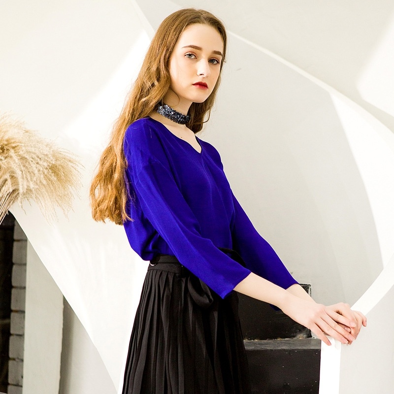 Solid Color Mit V-Ausschnitt-Pullover Plissee Lose Seide Shirt
