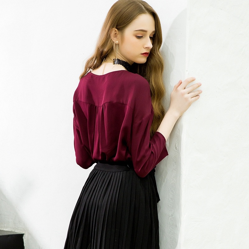 Couleur Unie Col En V Pull Plissé Lâche Chemise En Soie