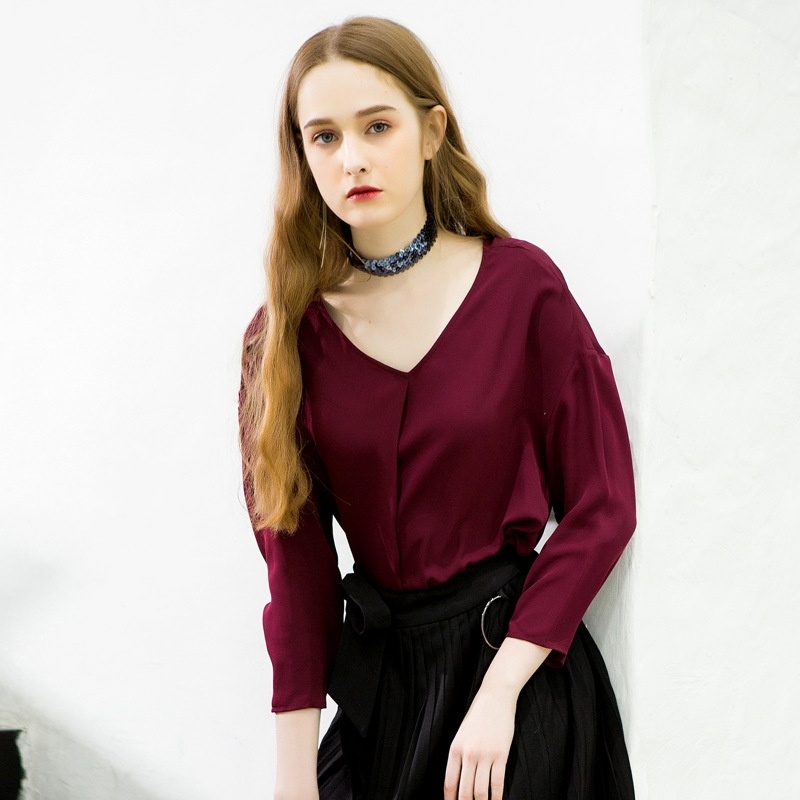Couleur Unie Col En V Pull Plissé Lâche Chemise En Soie