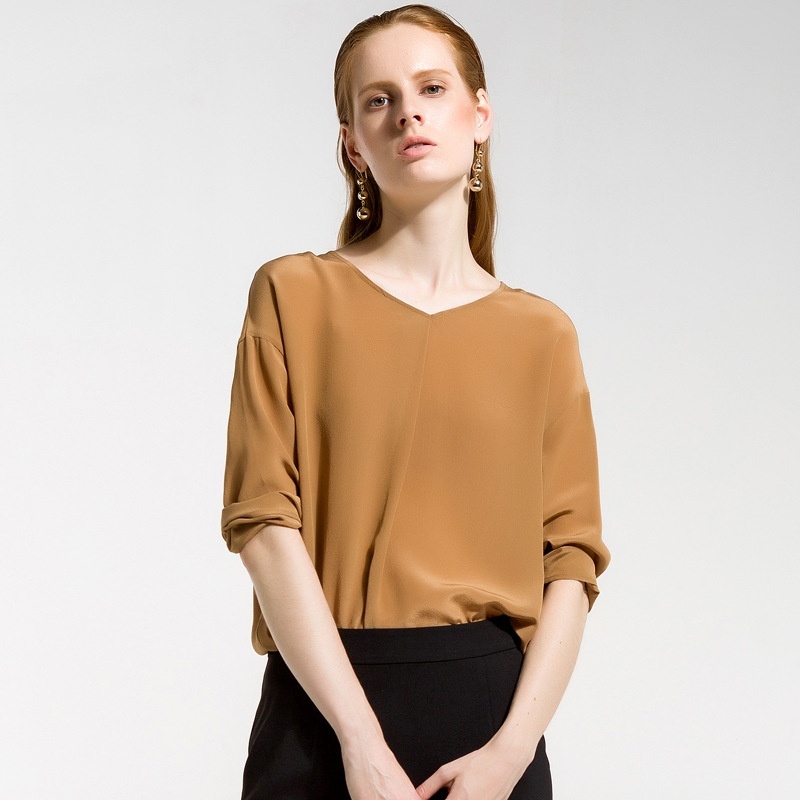 Europe And The United States V-Collar Collar Loose Solid Color Silk Shirt
