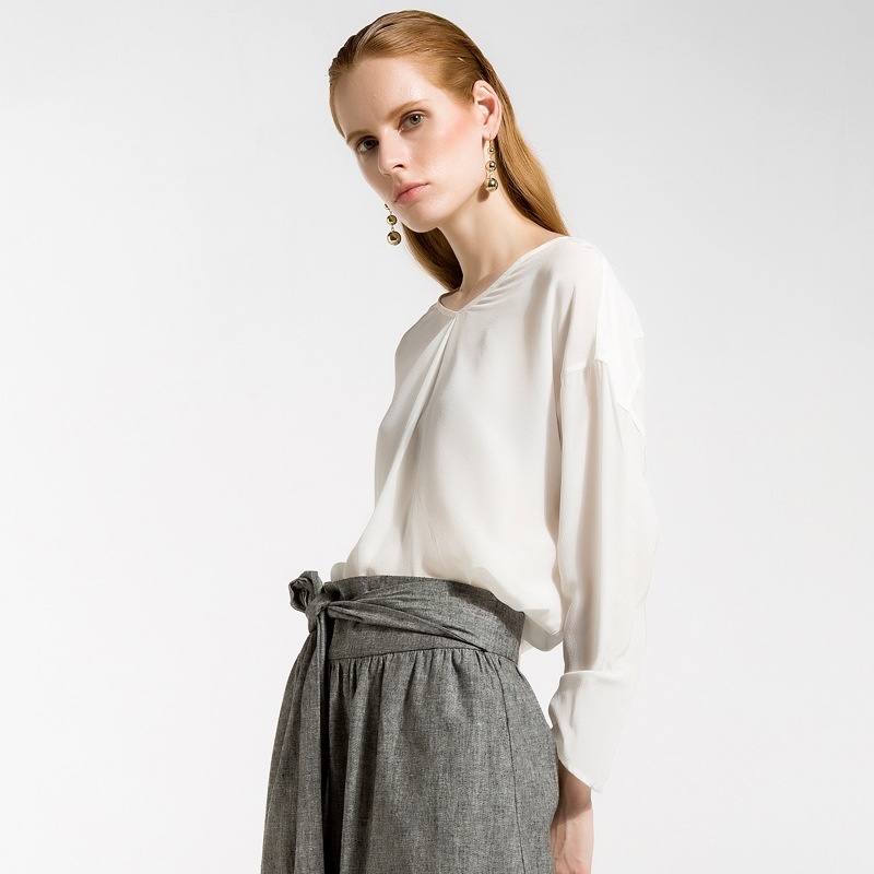 Europe And The United States V-Collar Collar Loose Solid Color Silk Shirt