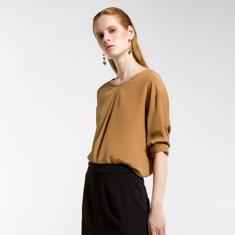 Europe And The United States V-Collar Collar Loose Solid Color Silk Shirt