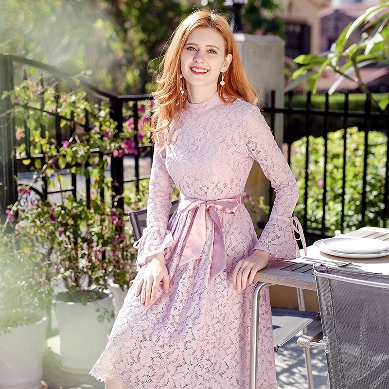 Stand-Col Haut-Cintrée Couleur unie Dentelle une Robe de Dame