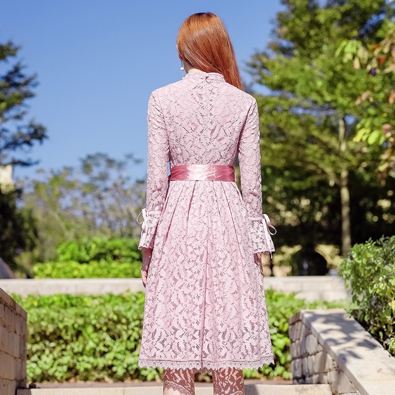Stand-Kragen High-Waisted Solid Color Lace a Lady-Kleid