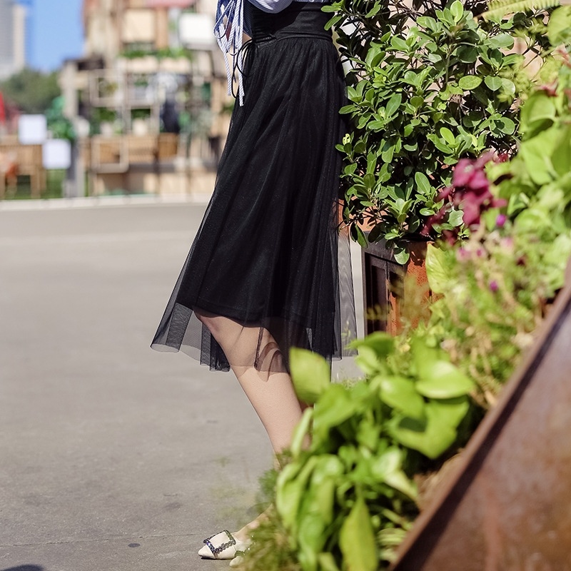 High-Waist Zipper Stitching Gauze Skirt Was Thin Skirt