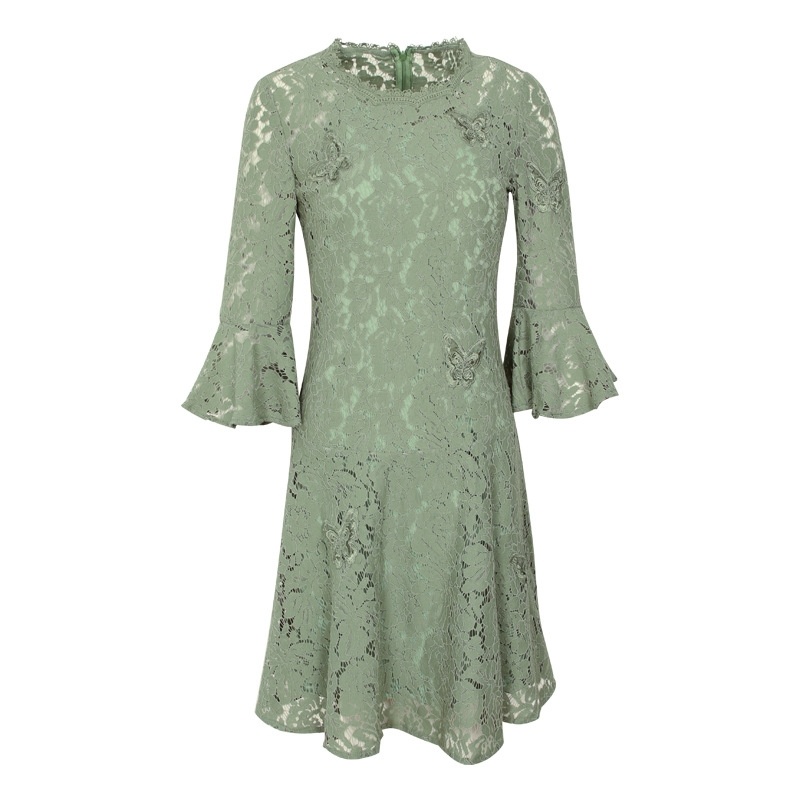 - Rundhalsausschnitt-Hohl-Lautsprecher Ärmel Temperament Damen Spitzen Kleid