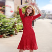 Hey Doll Half Sleeve Fishtail Red Lace Midi Dress