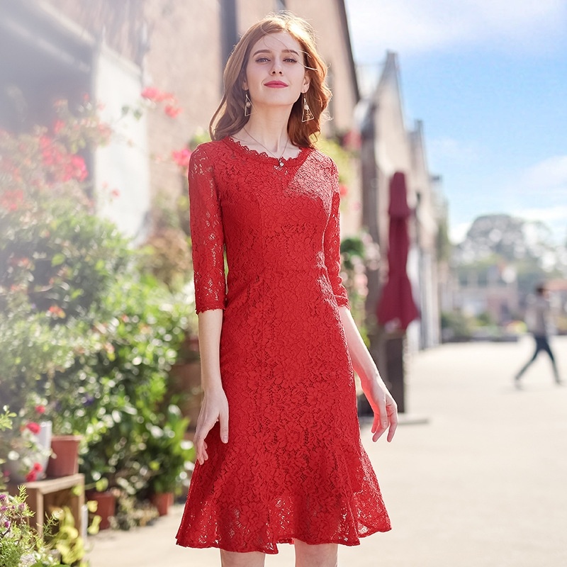 Red Lace Mid-Rise Sweet Wild Fishtail Dress