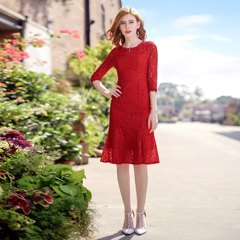 Red Lace Mid-Rise Sweet Wild Fishtail Dress