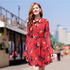 Tie V-Neck Long-Sleeved Printed High-Waisted Thin Chiffon Dress