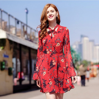 Tie V-Neck Long-Sleeved Printed High-Waisted Thin Chiffon Dress