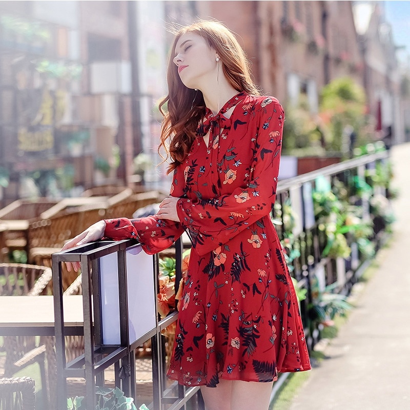 Tie V-Neck Long-Sleeved Printed High-Waisted Thin Chiffon Dress